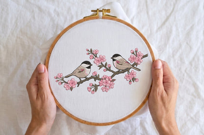 Birds on Cherry Blossom Branch Embroidery Design – Beautiful Bird & Sakura Machine Embroidery Pattern, Japanese Floral Nature Embroidery Design