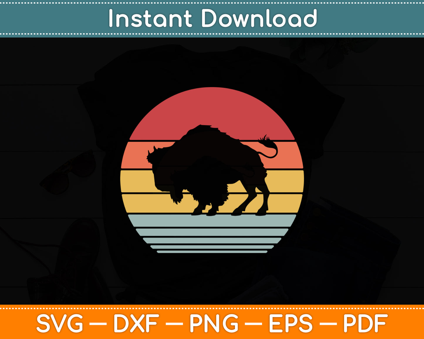 Bison 60s 70s Sunset Buffalo Mammal Animal Retro Vintage Svg Digital Cutting File