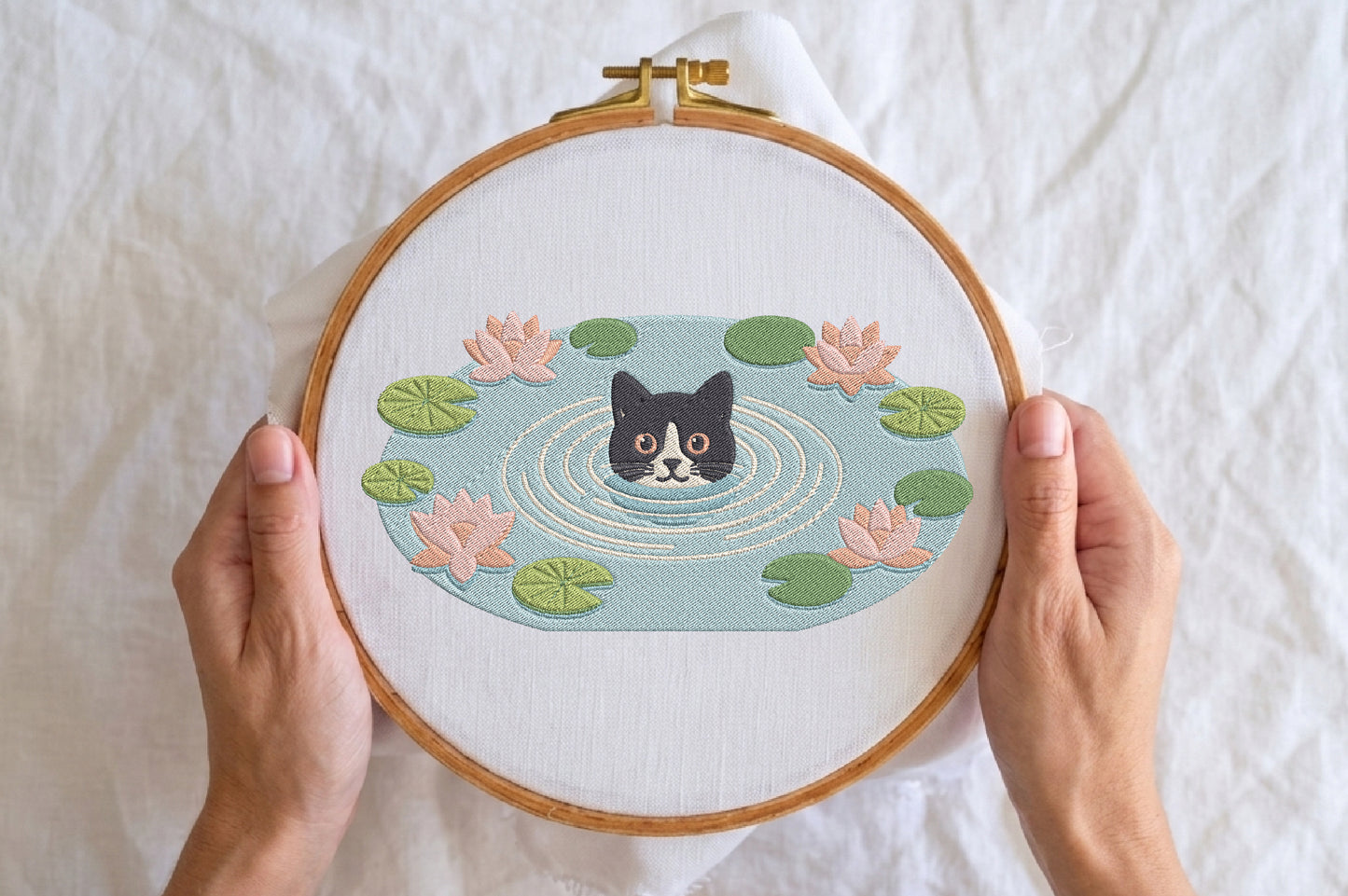 Black Cat Embroidery Kit with Lotus Flowers – Elegant Cat & Floral Machine Embroidery Design, Botanical Animal Embroidery