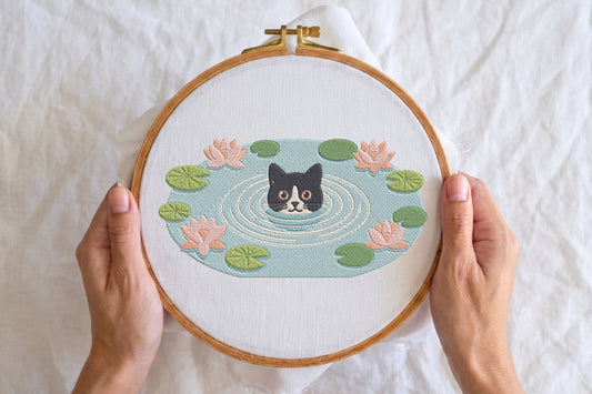 Black Cat Embroidery Kit with Lotus Flowers – Elegant Cat & Floral Machine Embroidery Design, Botanical Animal Embroidery