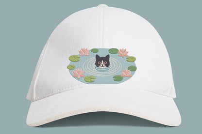 Black Cat Embroidery Kit with Lotus Flowers – Elegant Cat & Floral Machine Embroidery Design, Botanical Animal Embroidery