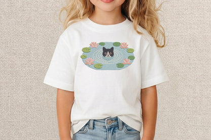 Black Cat Embroidery Kit with Lotus Flowers – Elegant Cat & Floral Machine Embroidery Design, Botanical Animal Embroidery