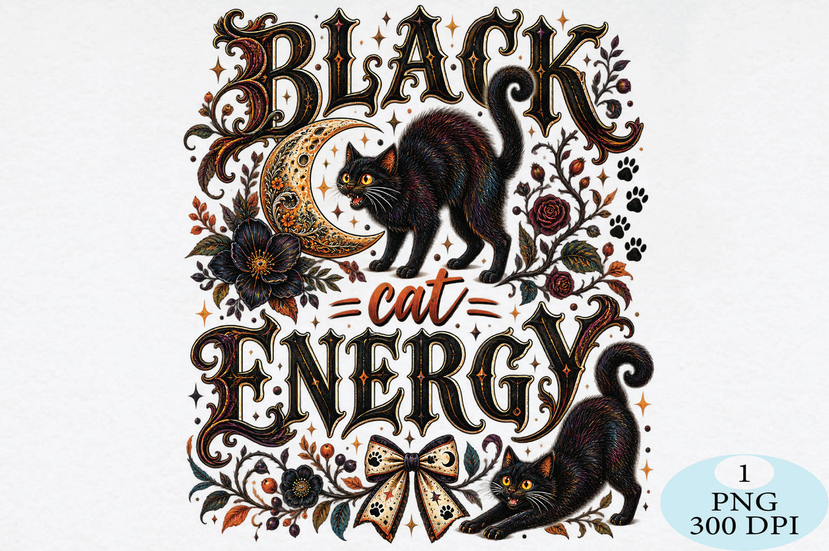 Black Cat Energy Halloween PNG