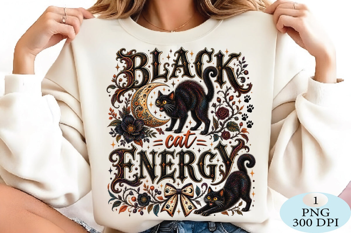 Black Cat Energy Halloween PNG