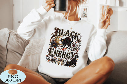 Black Cat Energy Halloween PNG