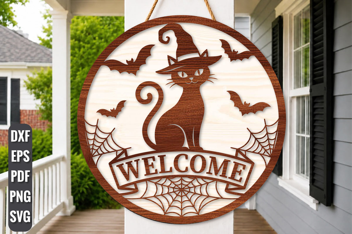 Black Cat Halloween Welcome Sign SVG
