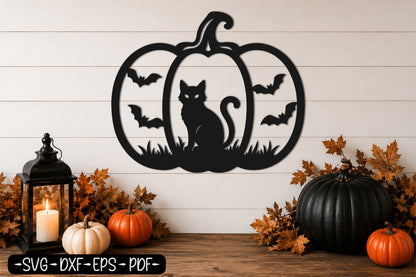 Black Cat Pumpkin Halloween Laser Cut SVG | Halloween Cat SVG Design