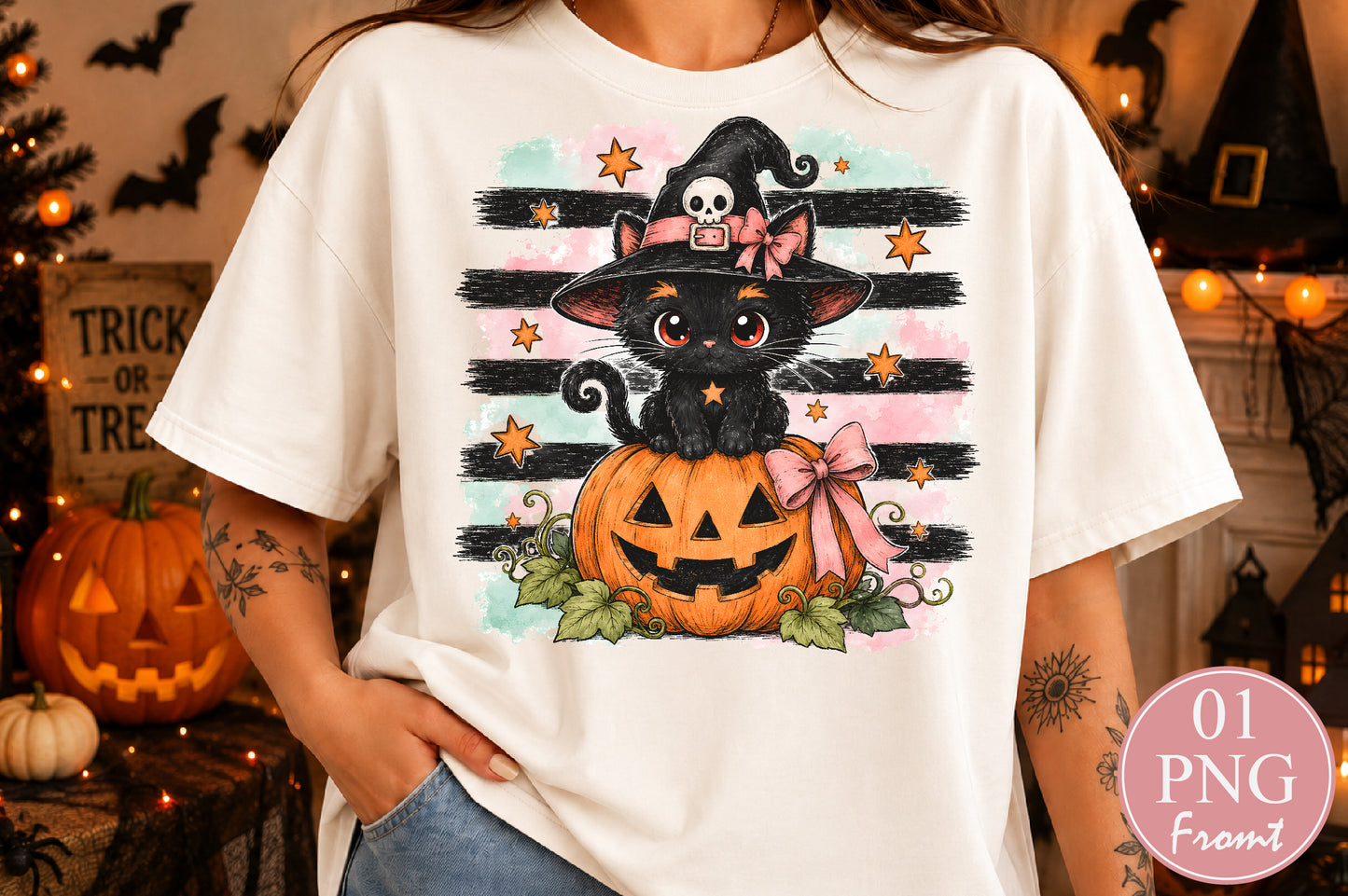 Black Witch Cat Pumpkin Halloween PNG Cute Kawaii Spooky Sublimation Design