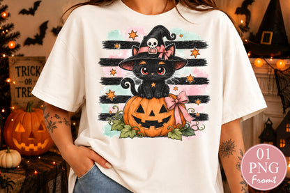Black Witch Cat Pumpkin Halloween PNG Cute Kawaii Spooky Sublimation Design
