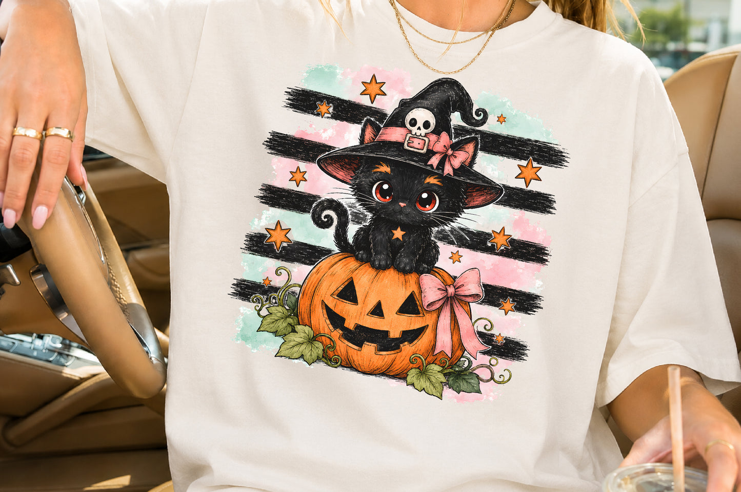 Black Witch Cat Pumpkin Halloween PNG Cute Kawaii Spooky Sublimation Design