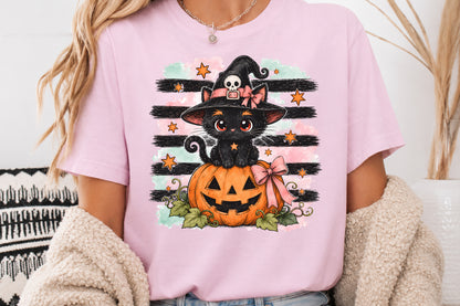 Black Witch Cat Pumpkin Halloween PNG Cute Kawaii Spooky Sublimation Design