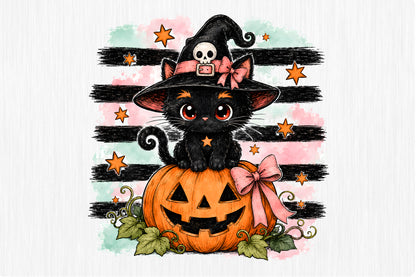 Black Witch Cat Pumpkin Halloween PNG Cute Kawaii Spooky Sublimation Design