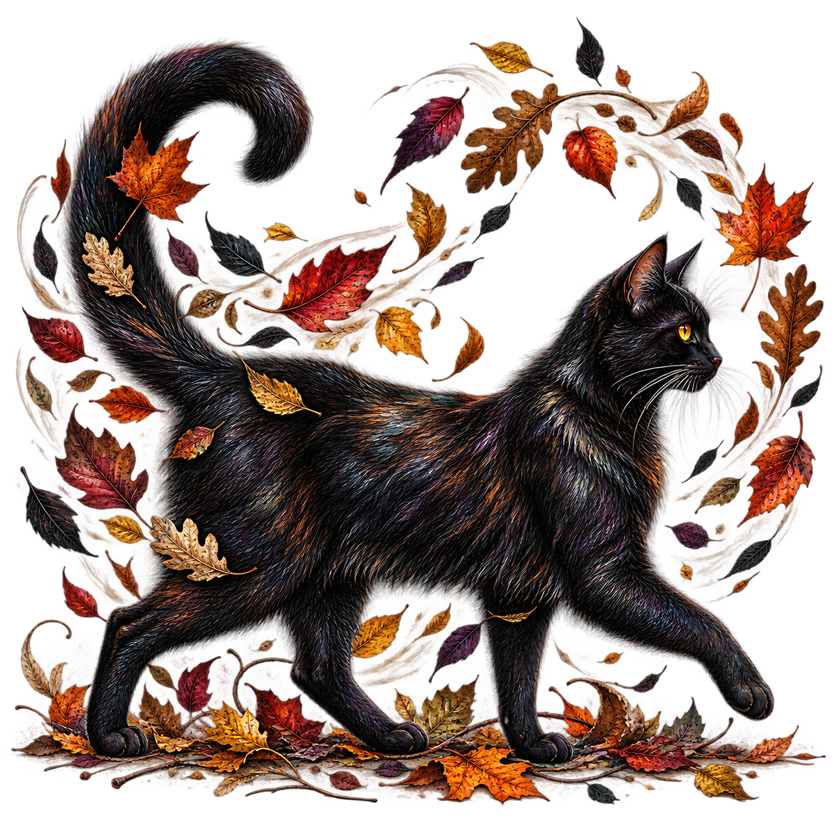 Black Cat Autumn Leaves PNG