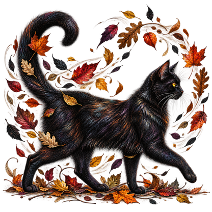Black Cat Autumn Leaves PNG