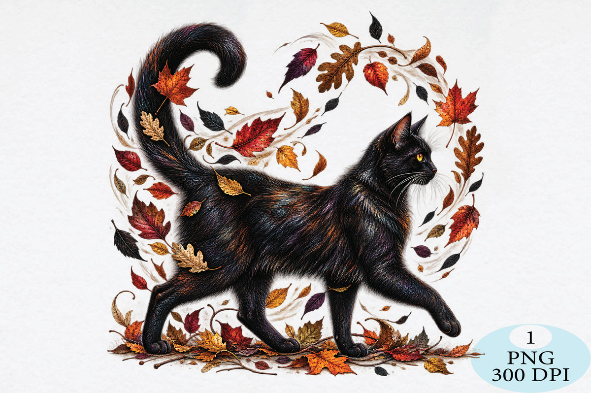 Black Cat Autumn Leaves PNG