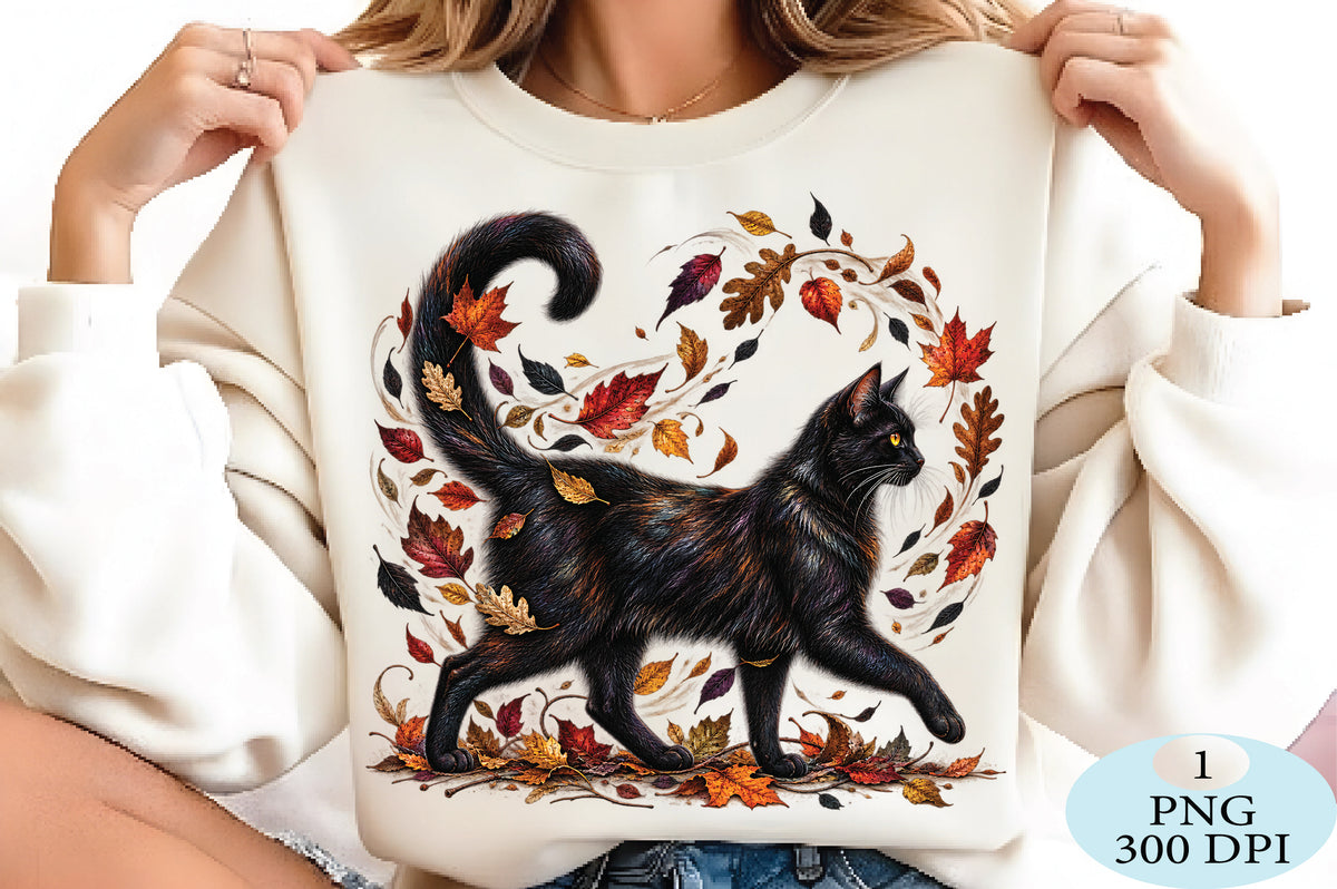 Black Cat Autumn Leaves PNG