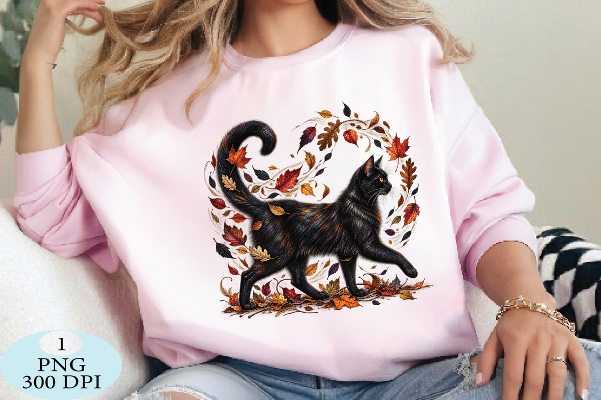 Black Cat Autumn Leaves PNG
