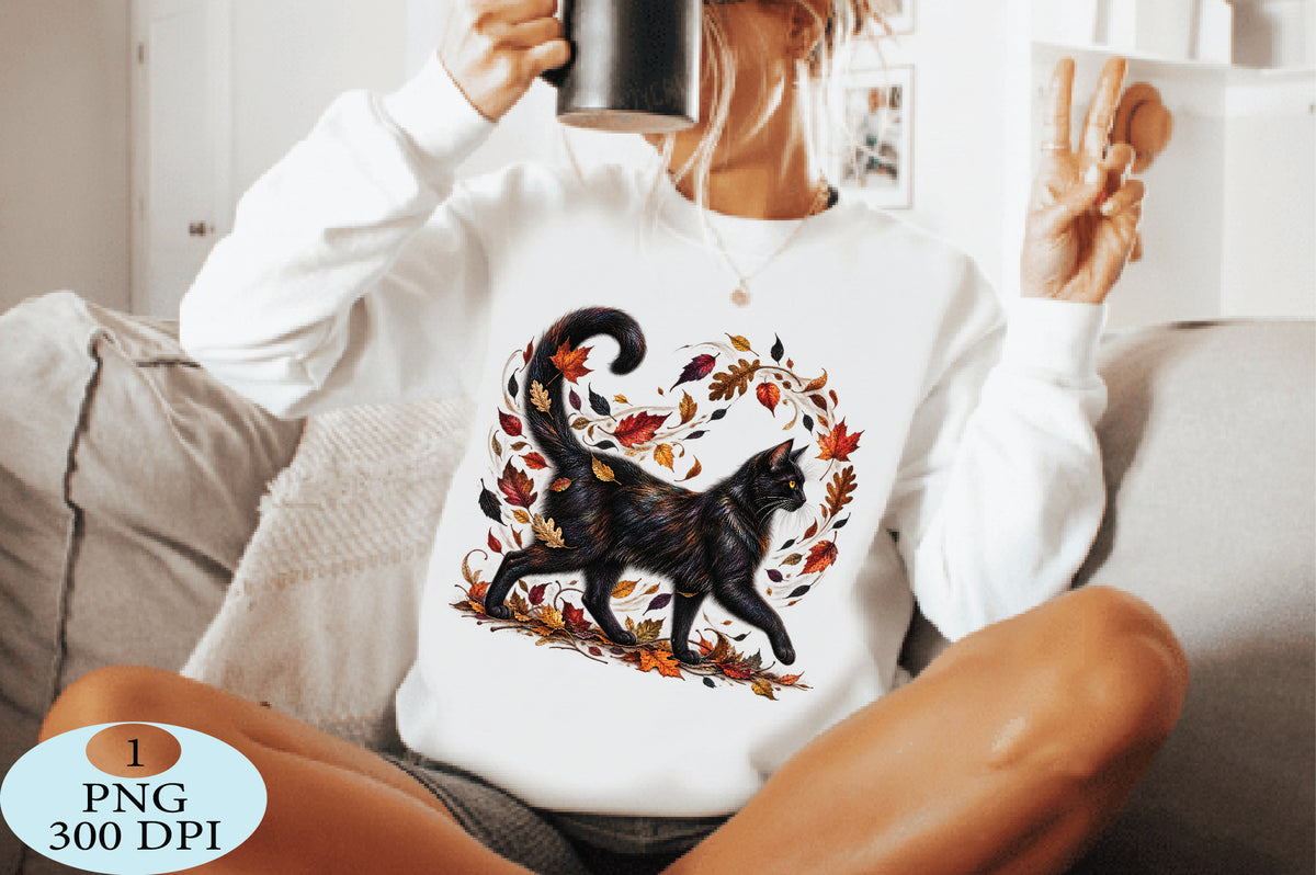 Black Cat Autumn Leaves PNG