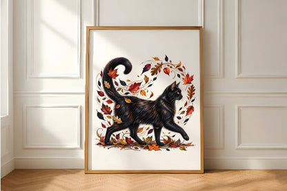 Black Cat Autumn Leaves PNG