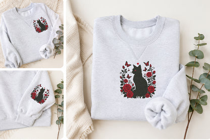 Black Cat with Red Roses Embroidery Design – Gothic Floral Cat Machine Embroidery Pattern, Elegant Black Cat & Rose Embroidery Design