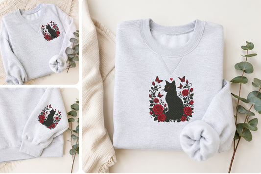 Black Cat with Red Roses Embroidery Design – Gothic Floral Cat Machine Embroidery Pattern, Elegant Black Cat & Rose Embroidery Design
