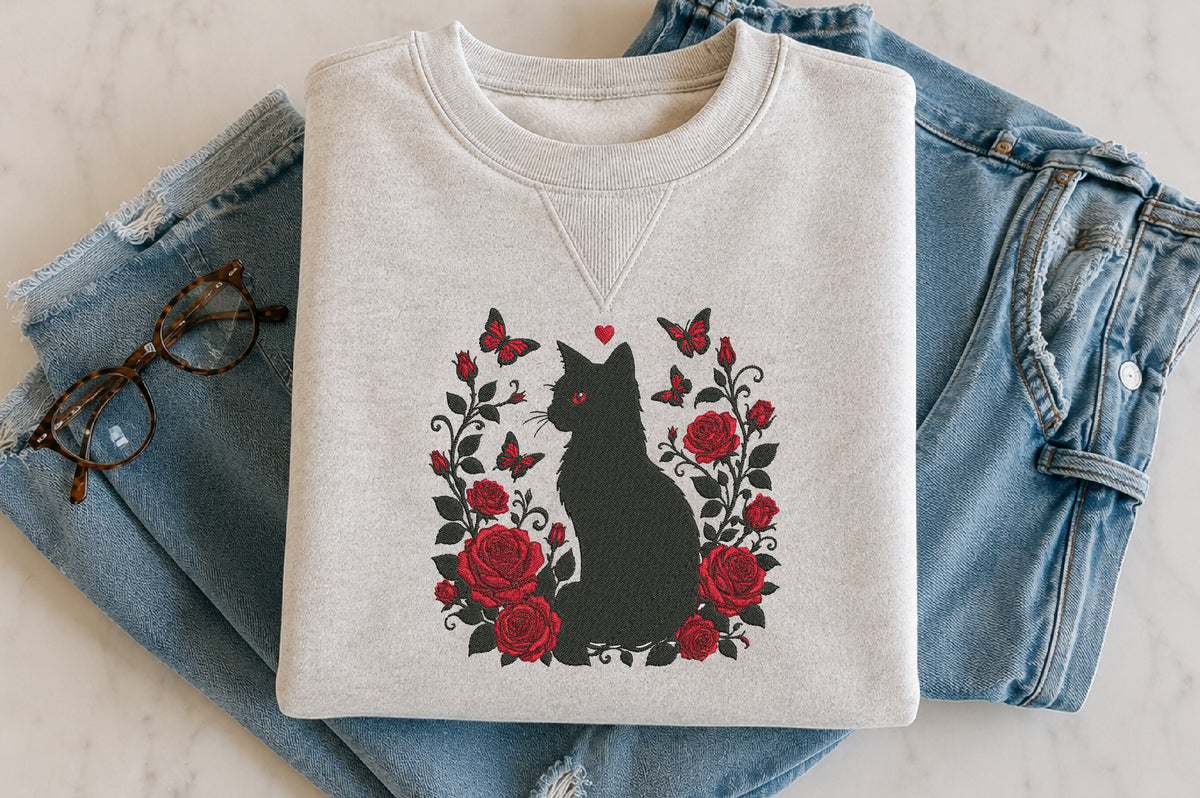 Black Cat with Red Roses Embroidery Design – Gothic Floral Cat Machine Embroidery Pattern, Elegant Black Cat & Rose Embroidery Design