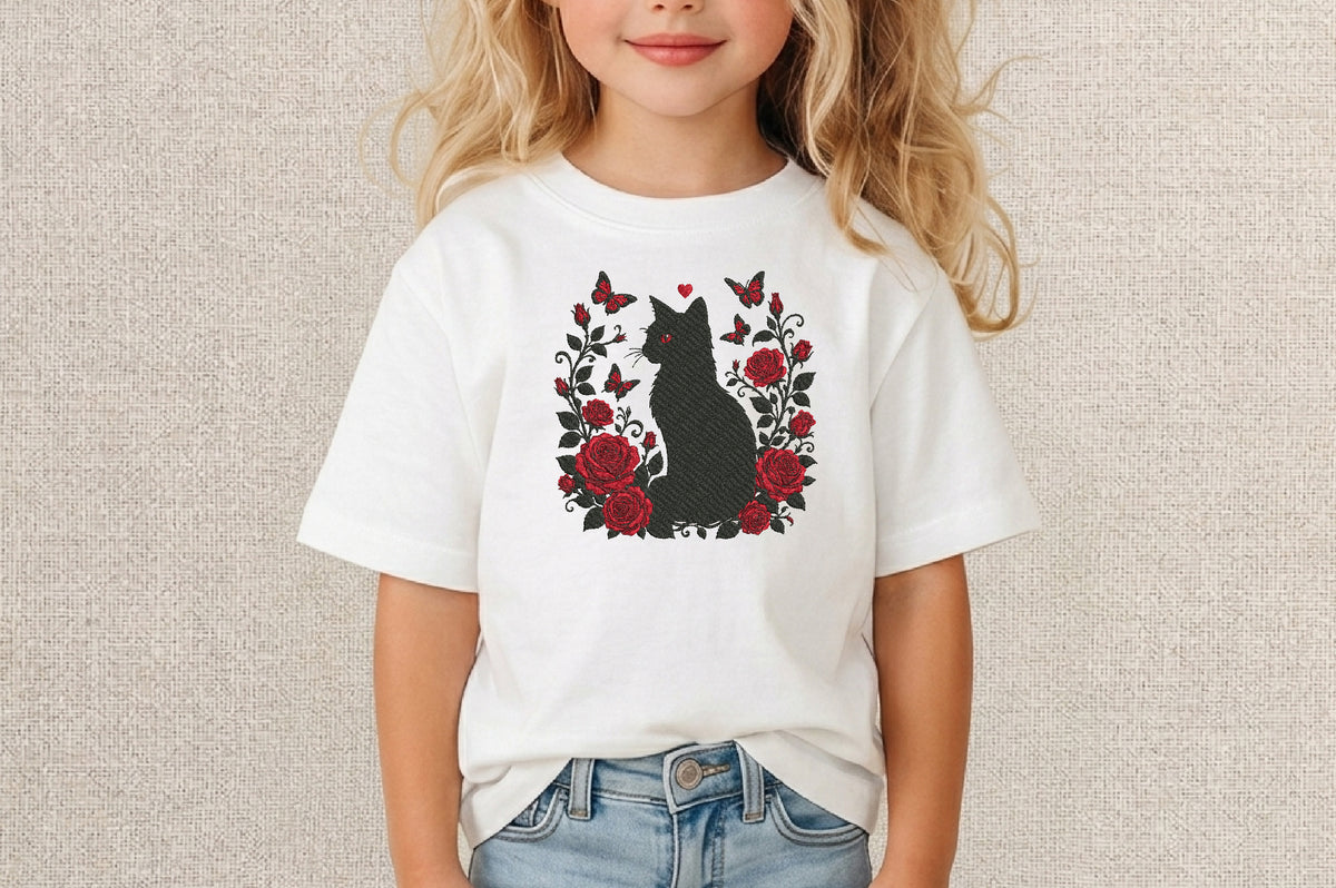 Black Cat with Red Roses Embroidery Design – Gothic Floral Cat Machine Embroidery Pattern, Elegant Black Cat & Rose Embroidery Design