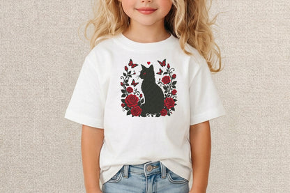 Black Cat with Red Roses Embroidery Design – Gothic Floral Cat Machine Embroidery Pattern, Elegant Black Cat & Rose Embroidery Design