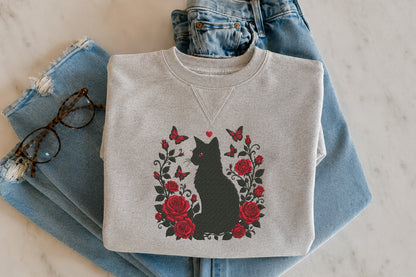 Black Cat with Red Roses Embroidery Design – Gothic Floral Cat Machine Embroidery Pattern, Elegant Black Cat & Rose Embroidery Design