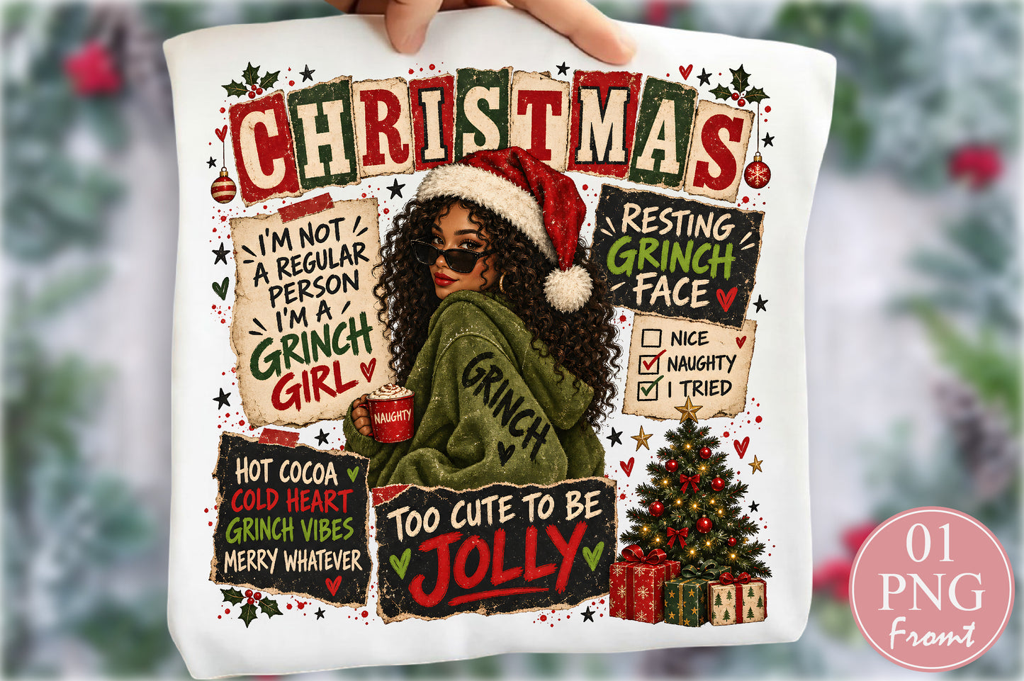 Christmas Resting Grinch Face Black Girl PNG Sublimation Design