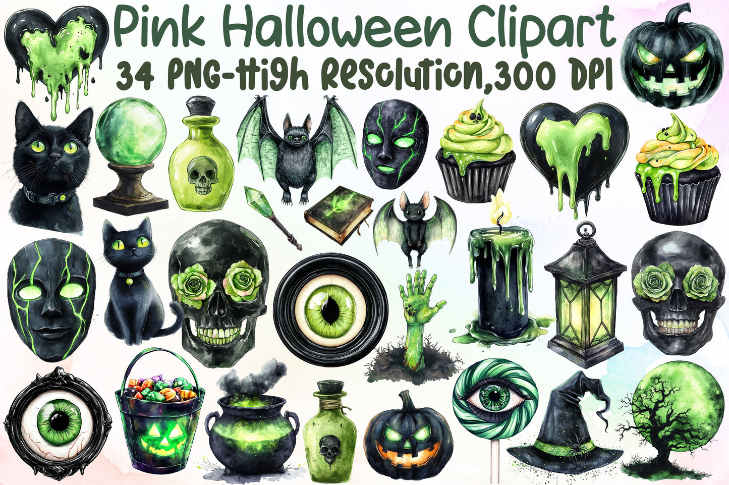 Pink Halloween Clipart Bundle Green Spooky Gothic PNG