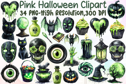 Pink Halloween Clipart Bundle Green Spooky Gothic PNG