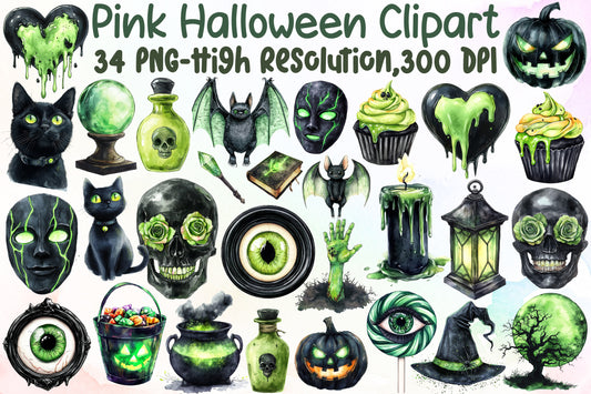 Pink Halloween Clipart Bundle Green Spooky Gothic PNG