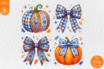 Blue Willow Coquette Pumpkin PNG Chinoiserie Fall Autumn Sublimation Design
