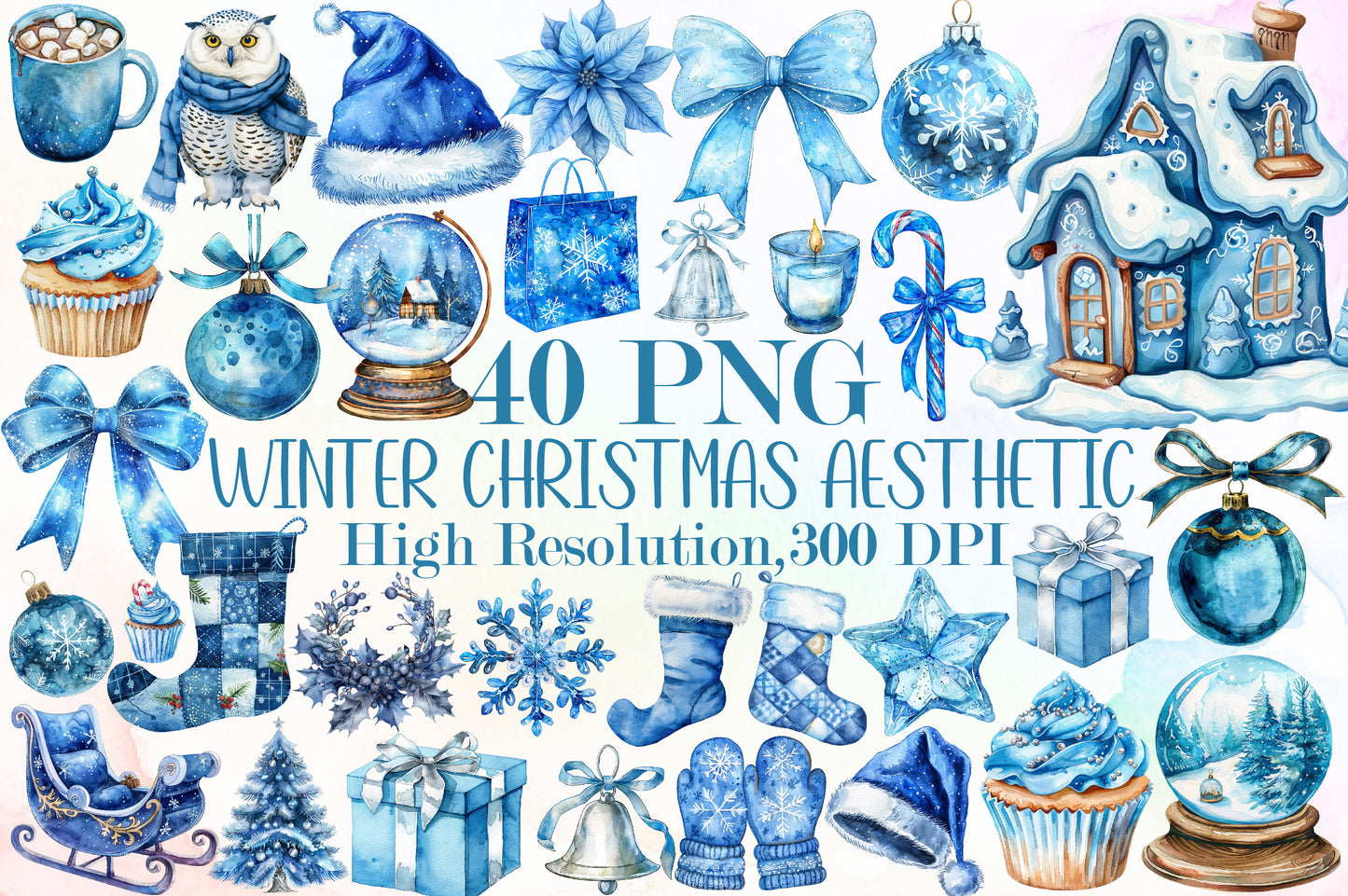 Blue Winter Christmas PNG Bundle Holiday Aesthetic Clipart