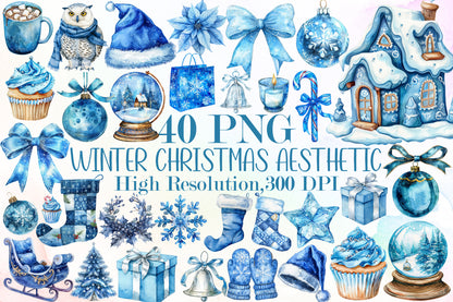 Blue Winter Christmas PNG Bundle Holiday Aesthetic Clipart