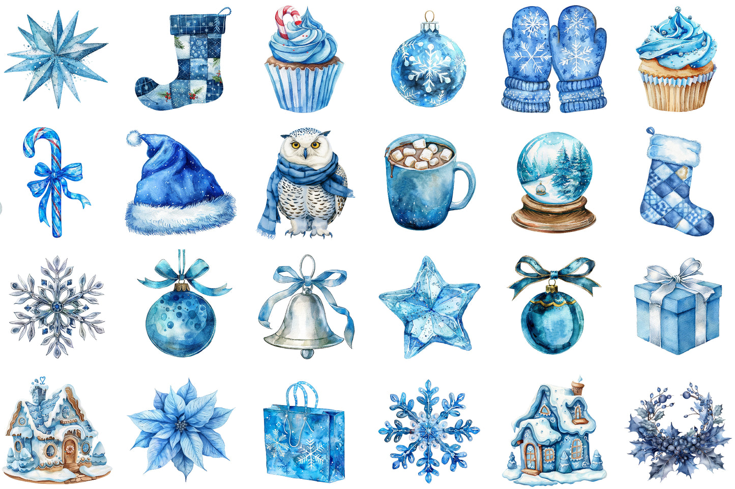 Blue Winter Christmas PNG Bundle Holiday Aesthetic Clipart