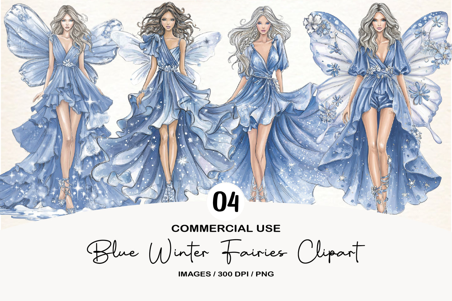 Blue Winter Fairies Clipart PNG Bundle | Enchanting Watercolor Snow Fairy Clipart | Magical Winter Fairy PNG