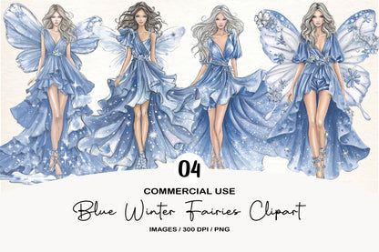 Blue Winter Fairies Clipart PNG Bundle | Enchanting Watercolor Snow Fairy Clipart | Magical Winter Fairy PNG