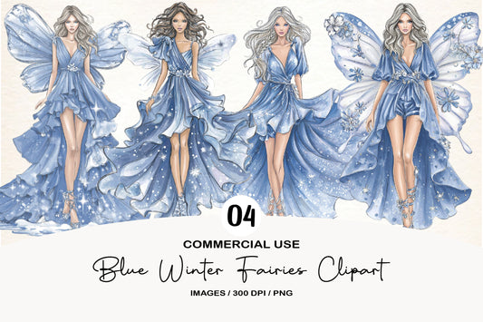 Blue Winter Fairies Clipart PNG Bundle | Enchanting Watercolor Snow Fairy Clipart | Magical Winter Fairy PNG