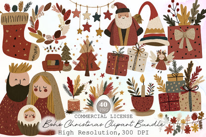 Boho Christmas Clipart PNG Bundle