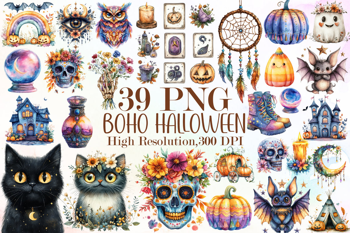 Boho Colorful Halloween Clipart Bundle Spooky PNG