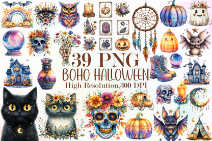 Boho Colorful Halloween Clipart Bundle Spooky PNG