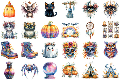 Boho Colorful Halloween Clipart Bundle Spooky PNG