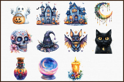 Boho Colorful Halloween Clipart Bundle Spooky PNG