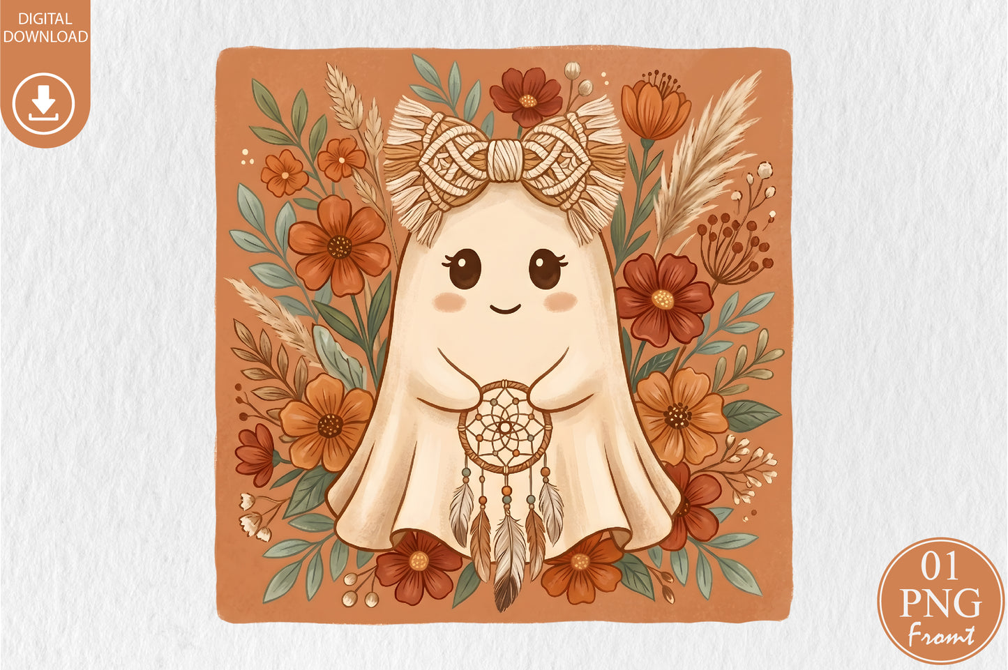 Boho Ghost Bow PNG Cute Halloween Ghost Floral Sublimation Design