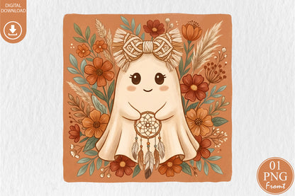 Boho Ghost Bow PNG Cute Halloween Ghost Floral Sublimation Design