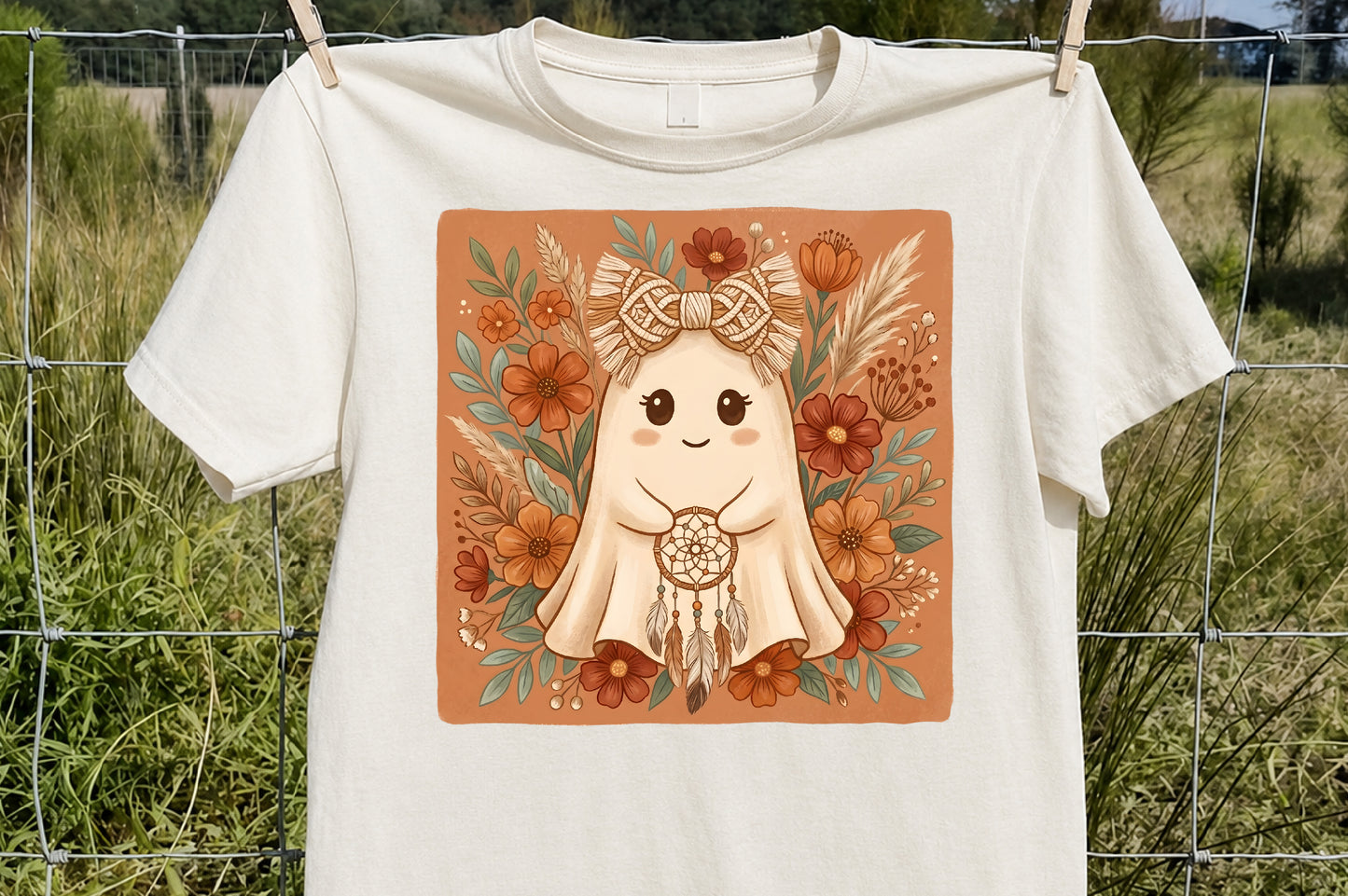 Boho Ghost Bow PNG Cute Halloween Ghost Floral Sublimation Design