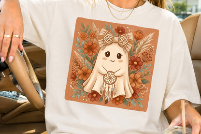 Boho Ghost Bow PNG Cute Halloween Ghost Floral Sublimation Design