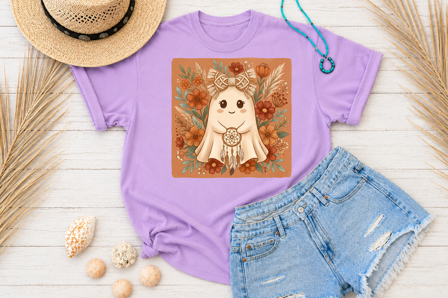 Boho Ghost Bow PNG Cute Halloween Ghost Floral Sublimation Design